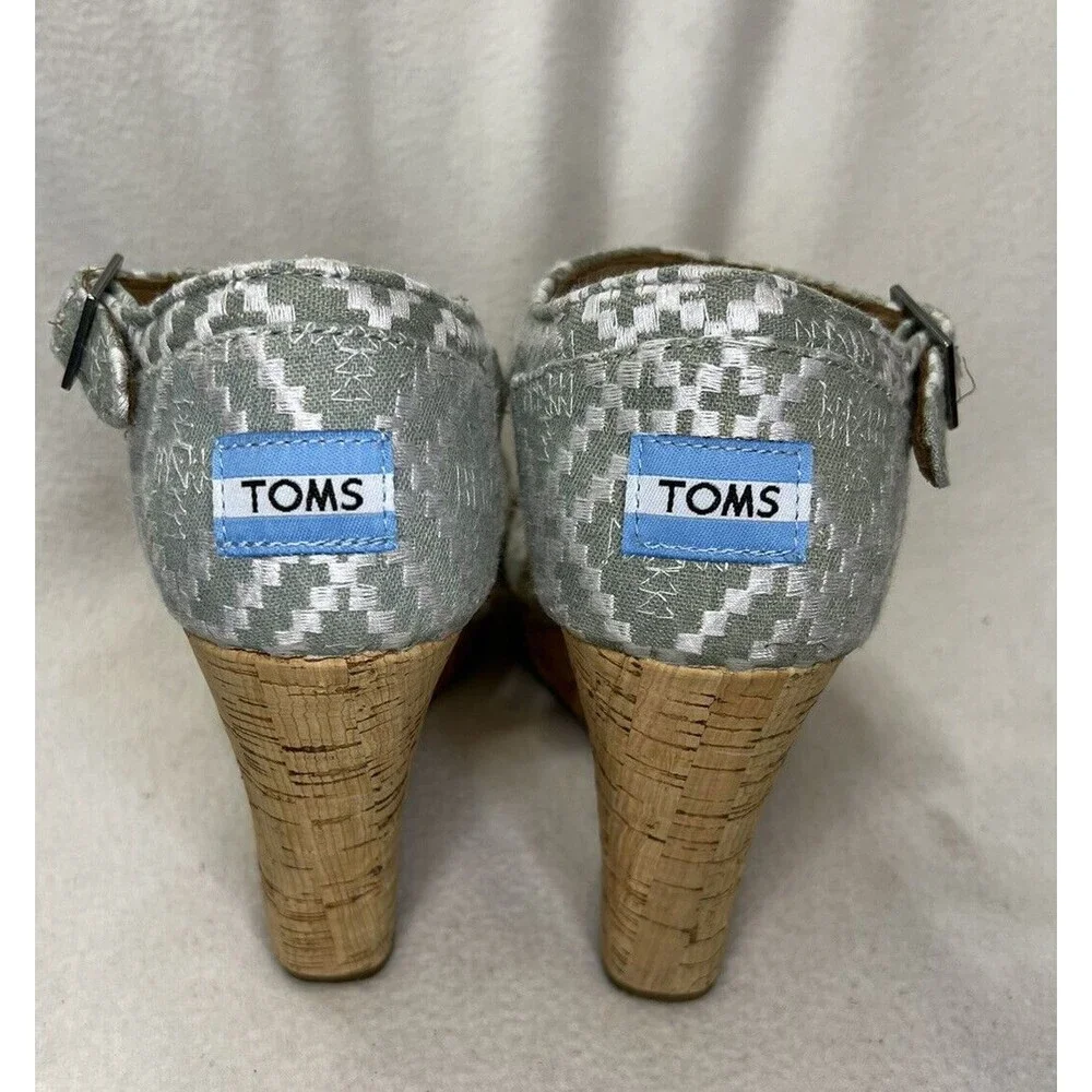 TOMS‎ Strappy Wedge Sandals Women 7.5 Sage Green Geometric Cork Heel